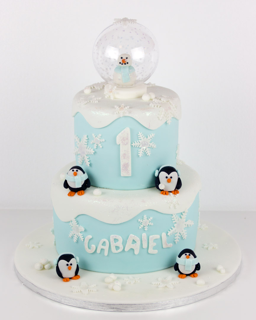 Penguin Birthday Cake Two Tier Penguin Snow Globe Birthday Cake ...